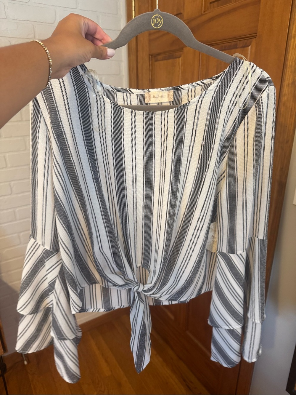 Altar'd State Black & White Striped Tie-Front Bell Sleeve Blouse - Picture 2 of 4
